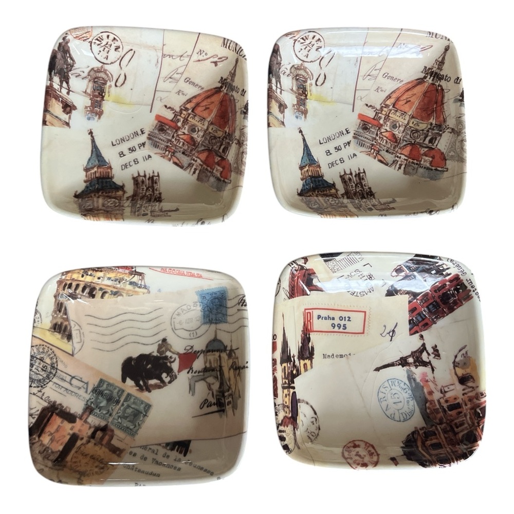 Williams Sonoma Grand Tours Vintage Postcard Themed Square Plates 6 inch